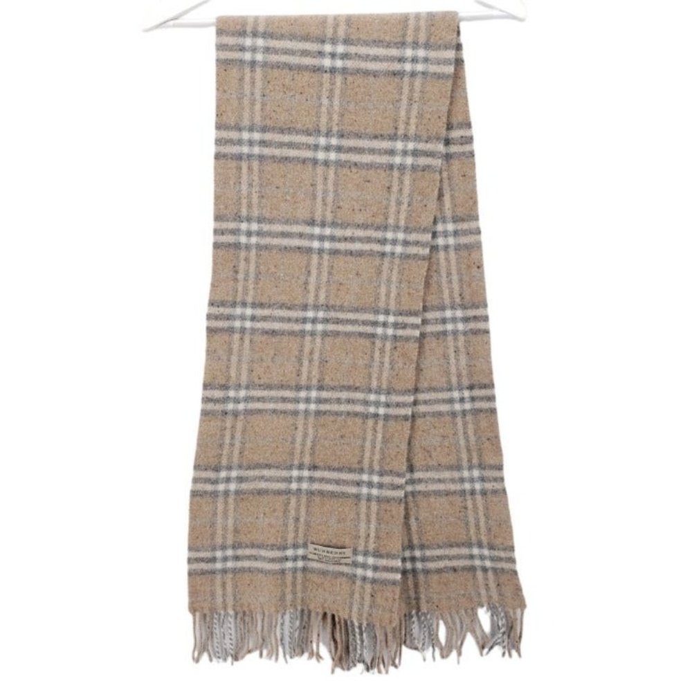 BURBERRY Vintage Merino Wool Cashmere Blend Beige Plaid Check Scarf - Picture 3 of 5